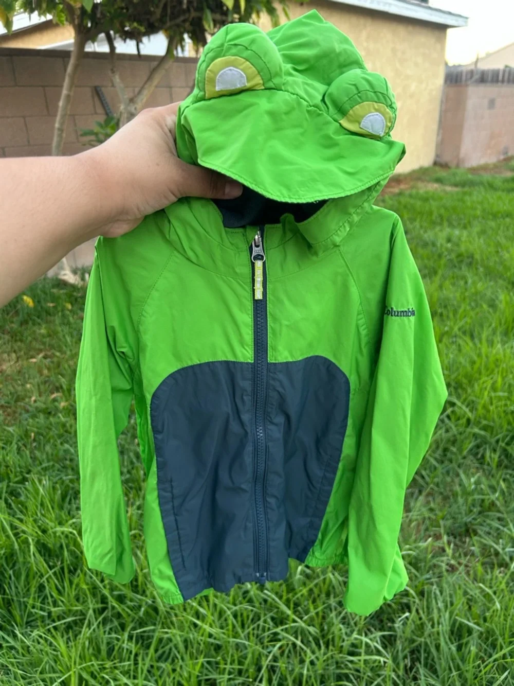 Columbia Bright Green Frog Hood Rain Jacket with Dark Gray Panel